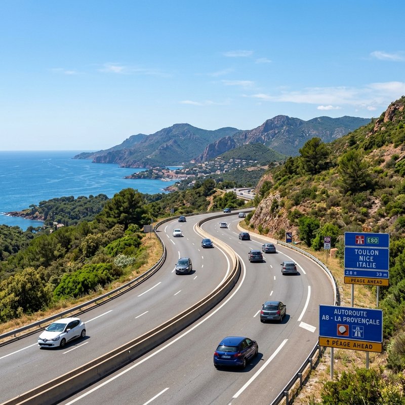 File de véhicules approchant d'une barrière de péage sur autoroute