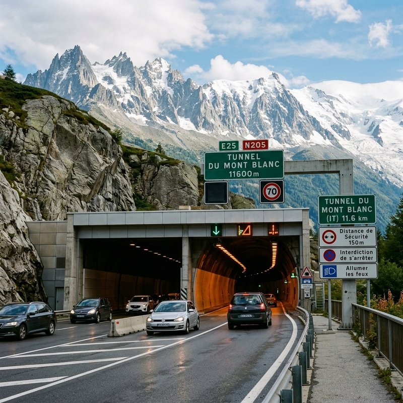 Chaîne alpine enneigée vue depuis une route de montagne
